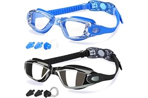 COOLOO Swimming Goggles, 2 Pack Swim Goggles for Adult Men Women Youth Kids 8+, Anti-Fog UV Protection No Leaking Nose Clip and Earplugs