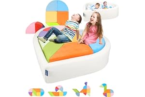 HEYPAPPY Kids Play Couch, 2-in-1 Heart-Shape Kids Plays Sofa with Unique Ball Pit(no Balls Included), Tangram Puzzle Play Couch for Playroom, Modular Play Sofa for Inspiring Creativity, Rainbow