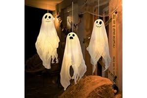 ONESHLEE Halloween Deko Geist Mit Warmweißen LED, 3 Stück Halloween Hängende Geister Deko 45cm, Helloween Ghosts, Halloween Geistergesicht Windsack, Halloween Deko Für Hof, Garten, Terrasse, Rasen, Partydekor