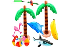 SONARUN 18 Pcs Inflatable Palm Coconut Trees Beach Pool Toys Blow Up Flamingo Banana Beach Balls Shark Dolphin for Pool Party Themed Party Supplies Hawaiian Luau Tropical Summer Beach