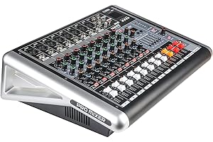 WECAN Powermixer Mischpult Mit Verstärker, Audio Mixer 8 Kanal Soundcraft, DJ Profi Audio Interface Streaming Musik Live Soundkarte, 2 * 300W Sound Board Mit 16 DSP Reverb-Arten