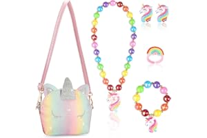 Hifot Brillo Unicornio Bolso Niña Joyas Set, Unicorn Pulsera Collar Anillo Aretes Bolso Crossbody Princesa Conjunto para Regalo de Fiesta de Cumpleaños