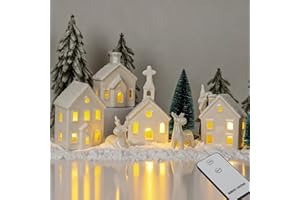TOP-SPRING Weihnachtsdorf Dekoration Set mit LED Beleuchtung & Fernbedienung, 4 Häuser, 2 Rentiere, 2 Weihnachtsbäume, 1 Weihnachtsmann & 4 Teelichter, Komplettset für festliche Atmosphäre (Weiße Weihnachten)