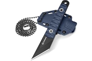 SPITZKANTE Cuchillo de Supervivencia JIAJIE-D – Mini cuchillo de hoja fija de 5,6 cm en acero 5Cr14MoV, con funda de ABS y cadena de bolas (C-Hoja negra- Mango azul)