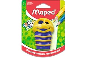 Maped Sacapuntas Escolar Croc Croc, Afilador con Depósito, 2 Orificios para Lápices Estándar y Grandes, Diseño Lúdico y Ergonómico, Gran Capacidad de Virutas, 3 Colores Diferentes