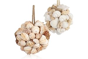 com-four® 2 x Decorative Shell Ball White/Patterned - Hanging Decoration - Maritime Home Accessory with Sea Flair - Ball with Wood, Shells and Loop Made of Jute (Pack of 2 - Shell Ball)