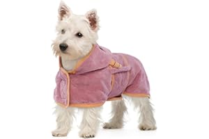 OUOBOB Drying Coat, Bathrobe for Dogs, Pink Towel for Small Breeds, Microfibre Robe With Hood & Adjustable Belly Straps - Dachshund, Yorkie, Chihuahua S