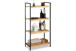 Relaxdays Estantería de bambú, Multi-usos, Organizador para el baño o Cocina, Cuatro estantes, Marco de Metal, Marrón, 97 x 50,5 x 27 cm