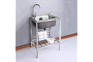 KUKIXO Évier en Acier Inoxydable,Évier de Cuisine Lavabo à Une Cuve,Evier Buanderie Simple avec Robinet, Evier Restaurant Commercial avec Établi et Robinet,pour buanderie/arrière-Cour/Garage (Color : Hot