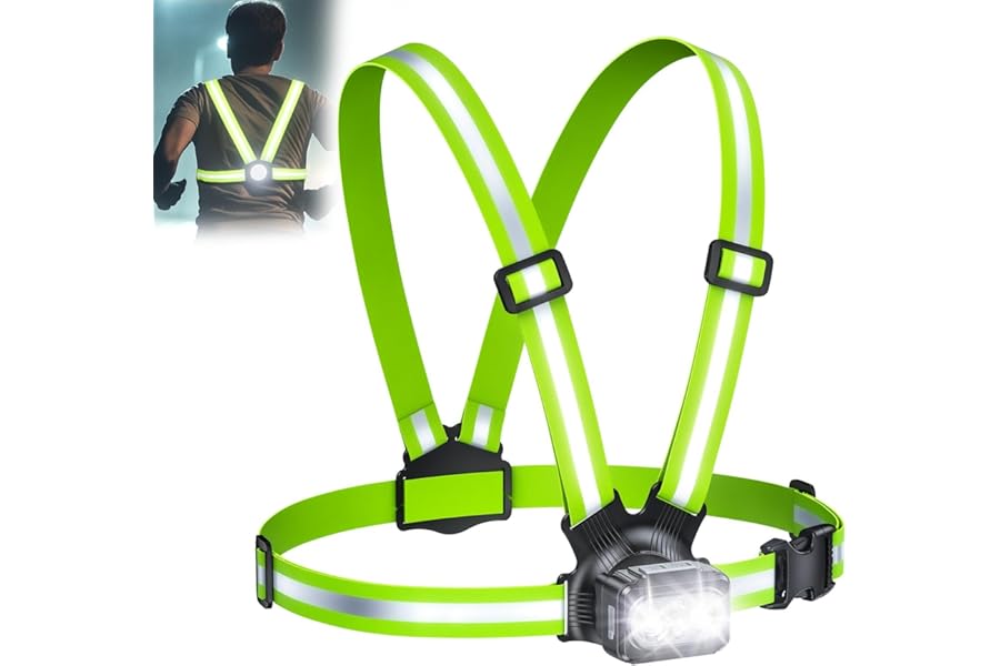 Rolgno Running Lights for Runners, 500LM Chest Running Light with 7 Modes, 360° Reflective Gear & 45° Adjustable, IPX4 Waterproof Rechargeable Running Torch for Camping & Hiking, 3.5-20Hrs Runtime