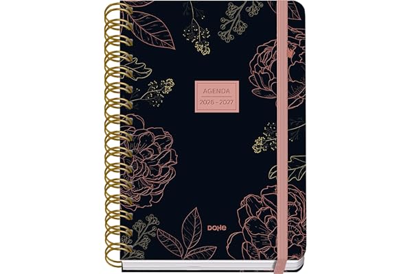 Dohe - Agenda Escolar 2026 2027 - Septiembre a Junio, Semana Vista, A5 (15x21 cm), Tapa Dura Suave, Espiral Doble, Cierre con Goma Elástica, 2 Páginas de Pegatinas, Español e Inglés - Noir