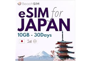 BeachSIM Japan eSIM 30 días. 10GB de Datos prepagados a velocidades 4G/5G. Fácil de recargar. Funciona en Dispositivos iOS y Android compatibles con e-SIM.