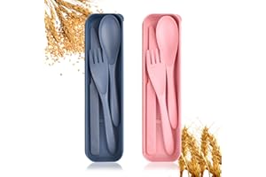 NOEWMUB Travel Utensils with Case, Reusable Plastic Cutlery, Travel Cutlery Set, Flatware Set for Travel Work School Picnic Camping or Daily Use (Pink, Blue)