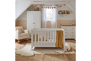 CuddleCo Luna Nursery Furniture Set (3 Piece) | Convertible Baby Cot Bed, Baby Changing Table with Drawers and Kids Wardrobe Set | White & Oak