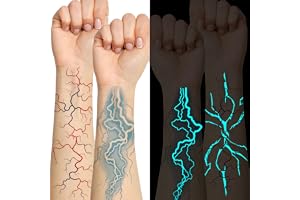 Qpout Förpackning med 12 ark med fosforescenta temporära tatueringar - Stor storlek - Anime Cosplay - Flash-mönster - För rav