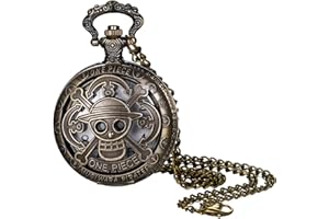 JewelryWe One Piece zegarek kieszonkowy z łańcuszkiem: Vintage pusta czaszka analogowy kwarcowy zegarek na łańcuszku antyczny brąz anime kreskówka zegarek wisiorek naszyjnik, prezent dla miłośników