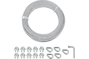 HANNGER Hangar Galvanized Steel Wire Rope Cable, 1/8” Galvanized Steel Rope with Clamp and Thimble, 7x7 Strand Core Aircraft Cable for Anchored Shed, Fencing, Sunshade, Clothesline (50ft)