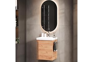 ‎PLANETMÖBEL Planetmöbel Waschtisch mit Unterschrank 50 cm inkl. Badspiegel mit Beleuchtung oval, Badmöbel Set mit Waschbecken, hängend, Gold Eiche