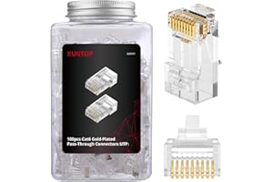 XUNTOP 100-Pack RJ45 Connectors for Cat6 Cat5 Cat5e Gold-Plated RJ45 Pass Through Connector Cat6 Connector for Solid/Stranded 23-24AWG UTP Ethernet Cable