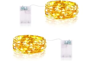 VACOULERY Guirnalda Luces LED, 2M 20LEDs Guirnalda Luces Pilas con Temporizador Mini Alambre de Cobre Cadena de Luces IP65 para Decoración Interior Exterior Bodas Fiesta Navidad (2 Piezas, Blanco Cálido)