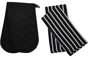 Penguin Home Heat Resistant Oven Gloves with Set of 2 Tea Towel Oven Mitt & Potholder for Home Cooking - Maximum Heat Protection/Kitchen Accessories (Black) Size - (18x90 & 65x45 cm)