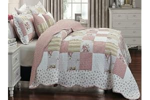 THL Comforter Set Quilted 3 Pieces Vintage Printed Patchwork Bedspread with Pillowshams