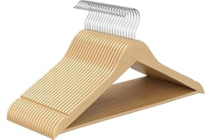 SONGMICS Percha de Madera, Juego de 20, Delgada, Muescas en Hombros, Percha para Pantalones, Gancho Giratorio 360°, Madera de Abedul, para Tirantes y Chaquetas, Beige Natural CRW040K01