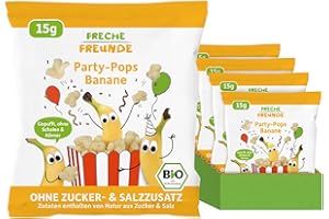 ‎FRECHE FREUNDE FRECHE FREUNDE Bio Party-Pops Banane, Popcorn für Kinder, fruchtiger Party- & Geburtstags Snack für Kleinkinder ab 1 Jahr, ohne Zuckerzusatz, vegan, 8er Pack (8 x 15g)
