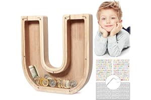 MoneRffi Personalized Letters Wooden Piggy Bank, A-Z Letters Coin Bank Money Box with Clear Alphabet Stickers, Money Saving Bank For Family Christmas Birthday Gift Home DIY Decoration