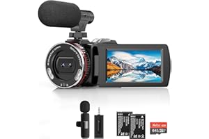 WINDANCY Caméscope 4K, caméra de vlogging 64 MP 30 fps avec microphone sans fil pour YouTube, écran rabattable ultra HD de 7,6 cm, zoom numérique 21x avec carte SD de 64 Go, télécommande et 2 batterie