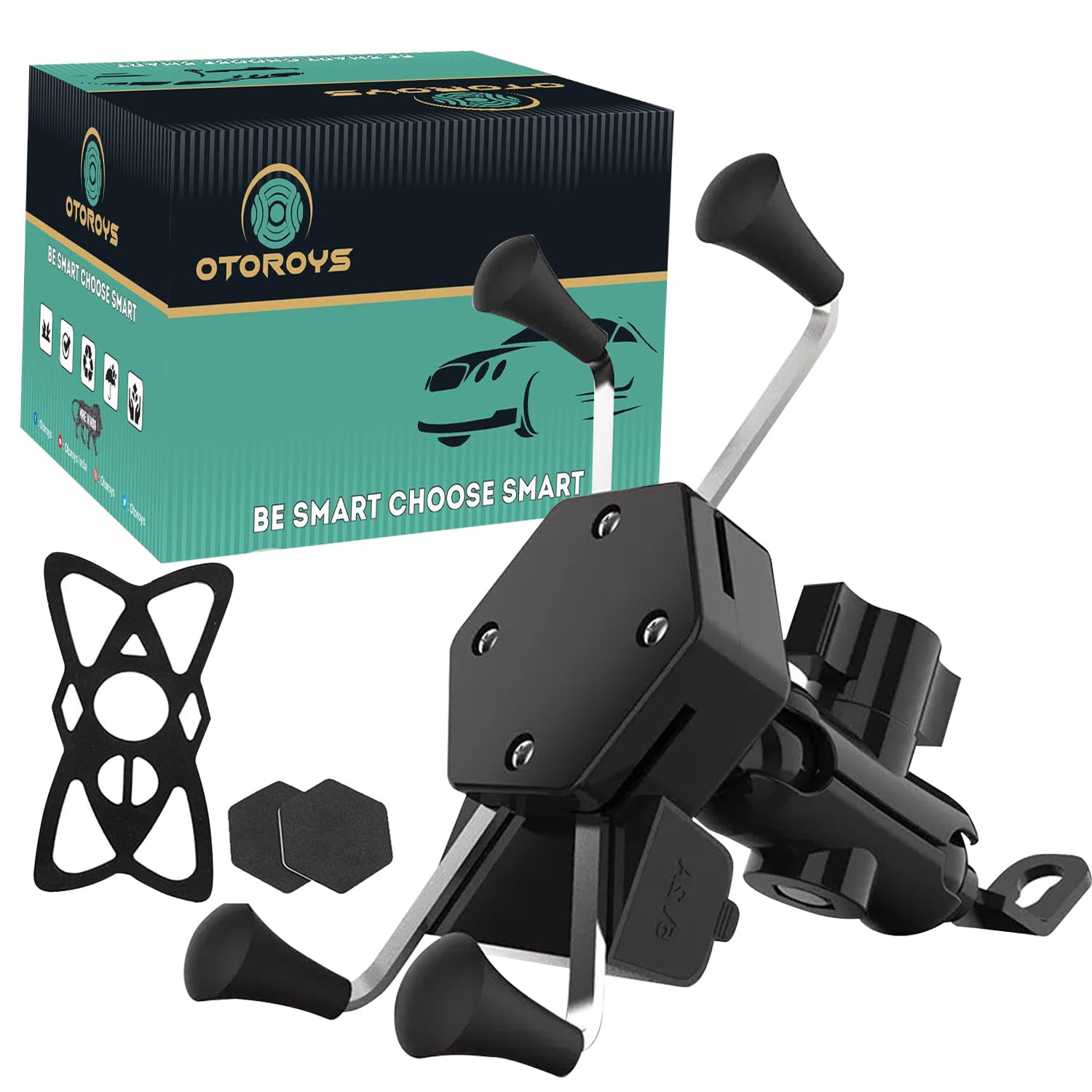 OTOROYS Version 2 X-Grip Universal Bike Mobile Holder with USB Charger 360 Degree Rotation for All Smartphone, Navigation, Mirror Cradle - Black