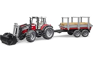 BRUDER Massey Ferguson 7480 Front Loader Tractor with Timber Trailer and 3 Logs