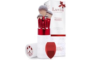 LUVIA COSMETICS Luvia Prime Vegan Memories Lot de 7 pinceaux de maquillage professionnels avec rangement pour pinceaux et éponge mélangeur Rouge velours nacré