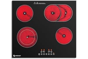 AMZCHEF Glaskeramikkochfeld 4 Platten 7200W, Herdplatte 4 Kochfelder 60 cm, 9 Leistungsstufen, Dual-/Ovalzonen für Grillen, Heizpause-Funktion, Kompatibel mit allem Kochgeschirr