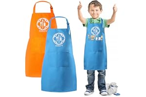 KEELYY Fartuch malarski dla dzieci, 2 sztuki z kieszeniami, fartuch kuchenny dla chłopców i dziewczynek, regulowane fartuchy do malowania, majsterkowania, pieczenia i gotowania, 7-12 lat (niebieski i