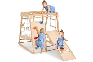 Giant bean Indoor Klettergerüst ab 3 Jahre 7 in 1 Montessori Klettergerüst Großes aus Holz mit Rutsche, Holz Kletterturm mit Leiter und Rutschbahn für Kinder, S (1-3 Jungle Gym)
