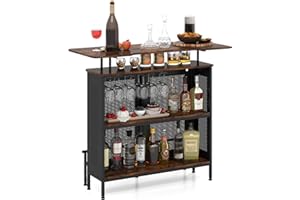 KOMFOTTEU Mesa Alta de Bar con Estante Elevado y Portavasos, Mesa Barra de Cocina de 4 Niveles de Metal, Mueble de Comedor Industrial con Patas Ajustables (Rectangular, Marrón)