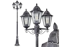 HOFSTEIN Réverbère Lignac, lampadaire vintage en aluminium moulé noir/argenté et verre dépolis, hauteur max. 245 cm, 3 lanternes pour ampoules E27, IP44, ampoule(s) non incluse(s)
