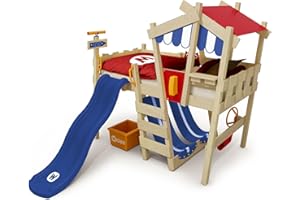 Wickey Children's bed, Crazy Hutty loft bed with blue slide 90 x 200 cm - red/blue cover