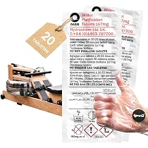 LevinQ 20x Chlortabletten geeignet für Rudergerät mit Wassertank,+ Handschuhe wie Waterrower, Skandika, Hammer, Vorteilspack, Gegen Algen, 2 Jahresbedarf, Puritabs Oasis Water Rower chlor Tabletten Garten