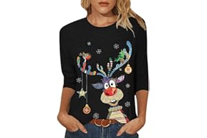 DAILYLIVE AMhomely Christmas Jumpers for Women UK Sale Clearance Ladies Spring Blouse Christmas Printed Mid-Length 3/4 Sleeves O-Neck Casual Tee Tops T-Shirt Vintage for Work Officce
