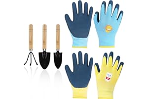 Mulaibdin 2 Paia Guanti Giardinaggio Bambini, Guanti da Lavoro per Bambini con 3 Attrezzi Giardinaggio Mini, Guanti Lavoro Bambino Lattice, Guanti da Giardinaggio Ragazze & Ragazzi (5-9 Anni B)