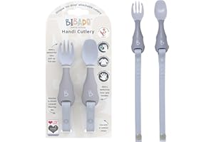 Bibado - Handi Cutlery Set (Mist) - Toddler Cutlery Weaning Set - Baby Spoons & Forks - Use with Coverall Bibs - Detachable Straps - Dishwasher Safe, BPA Free - Baby Essentials - 6 Months to 24 Months