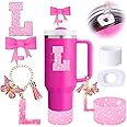 MOTEERLLU 6PCS Pink Stanley Cup Accessories Set, Initials Decorations for Stanley Cup 30oz 40oz, Includes Bow Straw Topper, Handle Charm, Letter Sticker, Silicone Boot, Spill Proof Stopper (Letter L)