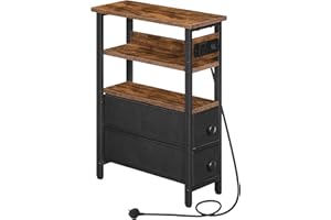 HOOBRO Side Table with Charging Station, Narrow Side Table with 2 Non-Woven Drawers, USB Ports and Power Outlet, 40 x 18 x 60 cm Slim Bedside Table for Small Space, Rustic Brown and Black EBF132KBZ01