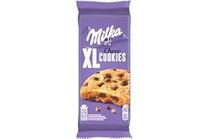 Milka, Cookies XL Choco, Biscotto Maxi Croccante con Golose Pepite di Cioccolato al Latte Milka, con Latte Alpino, Cacao Sostenibile, 184g (8 biscotti da 23g)