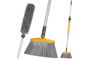 Myiosus Broom Indoor, Soft Sweeping Brush Kitchen Broom with 141cm Long Handle, 180 Degree Rotating Sweeping Brooms for Home, Lobby, Ceilings, Built-in Feather Duster