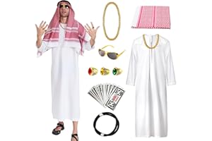 HILKKET Kostium arabski, 5-częściowy kostium szejka dla dorosłych, arabska biała szata z naszyjnikiem, pierścionkiem, chustką na głowę, okulary przeciwsłoneczne, kostium karnawałowy