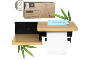 welldoo® Porte-papier toilette avec étagère en bambou, noir, sans perçage - Bois certifié FSC - Antidérapant - Porte-rouleau WC à coller, vis Spax