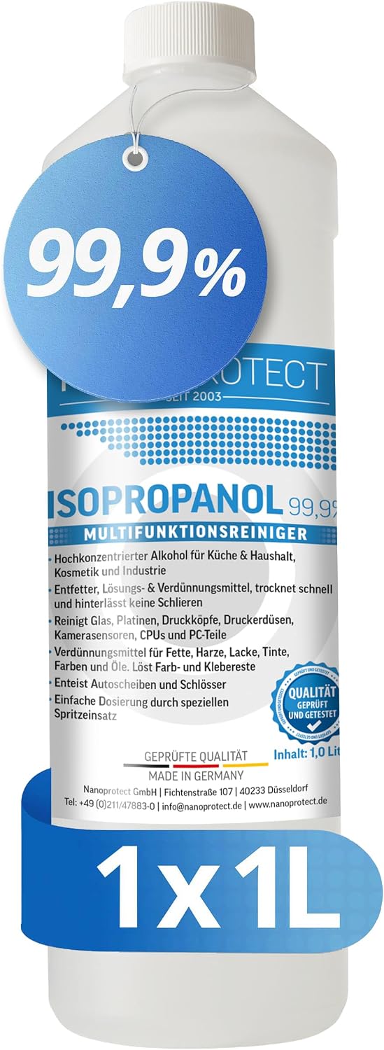 Nanoprotect Isopropanol 99,9 % | Nettoyant 1 litre | Alcool isopropylique à haute teneur | Alcool nettoyant IPA pour la maison et l'électronique | Fabriqué en Allemagne